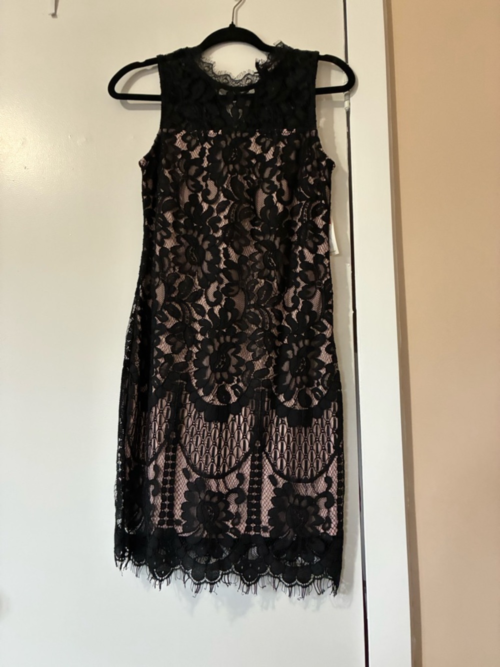 Dex Black Lace Midi Dress with Nude Underlay